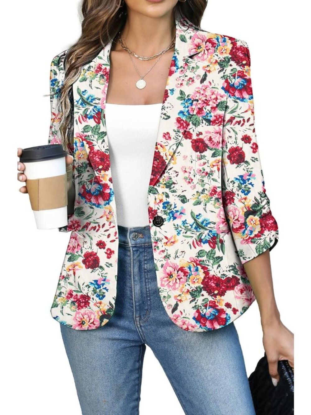 Lightweight Fitted 3/4 Sleeve Ruched Blazer Jacket for Women - Stylish